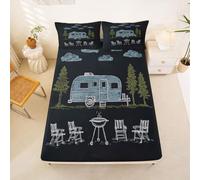 Homewish RV Camper Bed Sheets Double Happy Camping Vacation Fitted Sheet Rustic Cabin Travel Trailer Bedding Set,Cozy Outdoor Scenary Bed Cover 3 Pcs