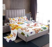 Homewish Safari Bed Sheets Double Wild Animals Sheet Set Monkey Lion Giraffe Tiger Elephant Leaves Bedding Set - Orange Yellow White Cartoon Warm Soft Bedclothes Fitted Flat Sheets 4 Piece