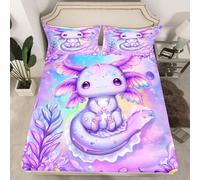 Homewish Salamander Bedding Set Single Florals Fitted Sheet Water Drops Bubbles Underwater Bed Sheets,Purple Axolotl Dreamy Colorful Bedclothes Bed Cover 2 Pcs