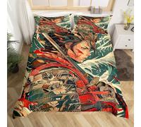Homewish Samurai Comforter Cover Japanese Samurai Sword Bed Set, Asian Oriental Style Double Duvet Cover Vintage Ocean Wave Bedding Set, Eastern Anime Bedspread Cover (Zipper Closure)
