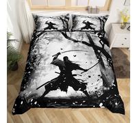 Homewish Samurai Print Duvet Cover Single Black and Grey Bedding Set, Japanese Style Comforter Cover Oriental Asian Karate Kungfu Bed Set for Boys Men, Eastern Culture Bedroom Set