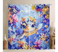 Homewish Sea Animal Window Treatments Drapes Decor For Bedroom Marine Life Blackout Curtains Sea Turtle Window Curtains 2 Panel Sets 52 x 90 Inch For Kids Watercolour Coral And Flowers Decor