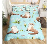 Homewish Sea Otter Duvet Cover Double for Kids Boys Girls,Ocean Creature Otter Toddler Bedding Set Nautical Bedroom Decor,Marine Life Animal Duvet Cover Leaf Flower Bed Set (No Comforter) 3Pcs