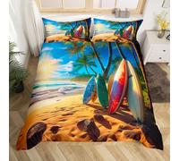 Homewish Sea Surf Duvet Cover Double for Women Men,Surfboard Surfer Girl Bedding Set Coastal Beach Bedroom Decor,Hawaiian Summer Surfing Duvet Cover Tropical Palm Tree Bed Set (No Comforter) 3Pcs