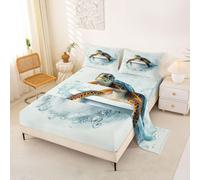 Homewish Sea Turtle Bed Sheets Double Summer Hawaiian Ocean Sheet Set Nautical Coastal Bedding Set - Animal Reptile Tortoise Fitted Flat Sheets 4 Piece