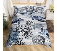 Homewish Sea Turtle Bedding Set Single Nautical Coastal Comforter Cover Reptile Tortoise Ocean Beach Theme Duvet Cover Sealife Animal Quilt Cover Vintage Wooden Bedroom Decor 2Pcs Soft