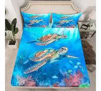 Homewish Sea Turtle,Marine Animal Bed Sheets King Underwater World Fitted Sheet Ocean Themed Bedding Set for Kids Boys Girls, Bed Cover 3 Pcs