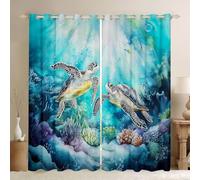 Homewish Sea Turtle Window Curtains 52 x 63 Inch 2 Panel Sets - Cute Sea Turtles Blackout Curtains Underwater Ocean Marine Life Window Treatments Drapes Coral Wild Animal for Bedroom