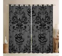Homewish Serpentine Snake Blackout Curtains for Bedroom, Black and Grey Damask Window Curtains 2 panel Sets 52 x 90 Inch,Antique Decor Goth Boho Vintage Floral Window Treatments Drapes