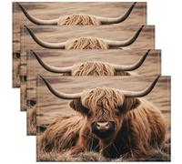 Homewish Set of 4 Highland Cattle Table Mats 12x18 Inch,3D Cow Bull Place Mats,African Safari Animal Placemats,Cute Funny Wildlife Animal Waterproof Placemats For Kitchen,Heat Resisting