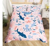 Homewish Shark Whale Duvet Cover Cot Size Pink Boho Seagrass Starfish Octopus Bed Set Underwater Animal Cartoon Quilt Cover Dreamy Pink Marine Life Bedroom Decor for Kids Boys Girls