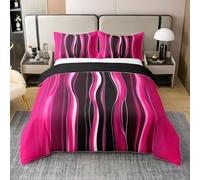 Homewish Simple Minimalist Art Cotton Duvet Cover Double Size Contemporary Geometric Bedding Set for Kids Girls Boys Pink Red Waves Quilt Cover Modern Abstract Bed Set Striped, 2 Pillowcases