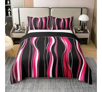 Homewish Simple Minimalist Art Cotton Duvet Cover Single Size Contemporary Geometric Bedding Set for Kids Girls Boys Black Pink Red Waves Quilt Cover Modern Abstract Bed Set Striped, 1 Pillowcase