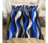Homewish Simple Minimalist Art Duvet Cover Single Size Contemporary Geometric Bedding Set for Kids Boys Girls Blue Black Waves Quilt Cover Modern Abstract Bed Set Striped Room Decor