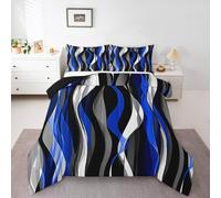 Homewish Simple Minimalist Art Duvet Set King Size Contemporary Geometric Bedding Set for Kids Boys Girls Blue Black Waves Comforter Modern Abstract Quilt Striped Bedroom Decor