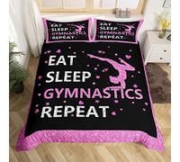 Homewish Single Bedding Sets for Girls,Eat Sleep Gymnastics Duvet Cover Pink Black Gymnastics Comforter Cover for Gymnas,Glitter Sequins Love Hearts Stars Bed Set 1 Pillow Case Bedroom Decor