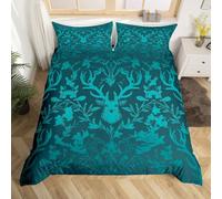 Homewish Single Duvet Cover, 2 Pieces Boho Victorian Jacquard Bedding Sets, Turquoise Damask Deer Comforter Cover Gothic Antique Bed Set, Soft Microfiber Bed Cover All Season