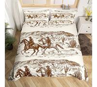 Homewish Single Duvet Cover Set for Kids Boys Girls, Western Cowboy Horse Bedding Set for Adults Men Women, Wild West Desert Duvet Cover Set, Vintage Hand Drawn Illustration Bed Sets 2Pcs