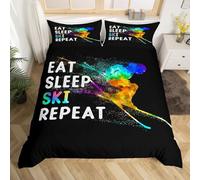 Homewish Ski Bedding Set Double, Winter Outdoor Sports Theme Soft Duvet Cover for Kids Teens, Eat Sleep Ski Repeat Print Comforter Cover 3 Pieces Tie Dye Skiing Sports Bedspread Cover