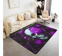 Homewish Skull Decor Purple Rose Set Halloween Decorations Goth Area Rug 150x200cm for Bedroom - Sugar Skull Rugs Living Room Romantic Floral Gothic Non Shedding Carpet Large Rugs