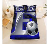 Homewish Soccer Single Fitted Sheet Football Initial Letter E Bed Sheets Deep Pocket 16 inch (40 cm),Neon Black Blue Gaming Checkered Bedding Set Sports Gamessoccer Room Decor