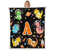 Homewish Space Dinosaur Fleece Blanket Throw 50"x60" Personalized Astronaut Dinosaur Sherpa Blanket Universe Planet Rocket Fuzzy Plush Throw - Initial A Dino Decor for Bed Couch