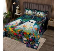 Homewish Spooky Quilt Set King Ghost Bedspread Halloween Floral Daisy Flowers Kawaii Cute Oil Painting Coverlet Set,White Blue Yellow Warm Soft Bedclothes Bedding Quilted