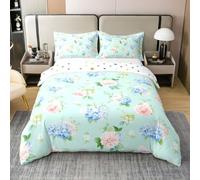 Homewish Spring Cute Hydrangea Single Bedding with 1 Pillowcase - Cottagecore Peony Floral Cotton Duvet Cover Set Farmhouse Aesthetic Flowers Quilt Cover Boho Mint Green Floral Bed Sets