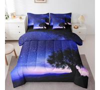 Homewish Stars Galaxy Reversible Comforter Set 7 Piece Full Size,Blue Purple Starry Universe Bed Sheet Set Black Trees Silhouette Print Bedding Set with Comforter,Fitted & Flat Sheet