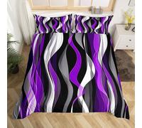 Homewish Striped Duvet Cover King Size Modern Abstract Bedding Set for Kids Boys Girls Purple Waves Quilt Cover Black Simple Minimalist Art Bed Set Contemporary Geometric Room Decor