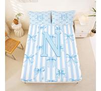 Homewish Stripes Initial Letter N Bow Blue Alphabet Fitted Sheet Single Bowknot Stripe Kawaii Bed Sheets Dreamy Princess Bedding Set,Coquette Bed Cover 2 Pcs