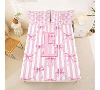 Homewish Stripes Pink Alphabet Initial Letter E Bow Bed Sheets Single Stripe Kawaii Coquette Fitted Sheet Dreamy Princess Bowknot Bedding Set,Warm Soft Bedclothes Bed Cover 2 Pcs