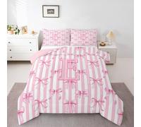 Homewish Stripes Pink Alphabet Initial Letter E Bow Single Duvet Set - Stripe Kawaii Coquette Bedding Set Dreamy Princess Bowknot Quilt Set - Warm Soft Bedclothes Coverless Duvet
