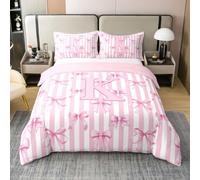 Homewish Stripes Pink Kawaii Initial Letter K Alphabet Bow Single Bedding Dreamy Princess Coton Duvet Cover Set Coquette Bowknot Quilt Cover Warm Soft Bedclothes Bed Sets