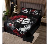 Homewish Sugar Skull Double Coverlet Set with 2 Pillowcases | Gothic Skeleton Floral Quilted Bedspread Romantic Death Love Quilt Set Soft Microfiber