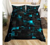 Homewish Teal And Black Bedding Sets King,Neon Turquoise Geometric Check Comforter Cover For Kids Boys Girls Adults Stereoscopic Abstract Plaid Grids Duvet Cover Square Quilt Cover