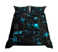 Homewish Teal And Black Bedding Sets Single,Neon Turquoise Geometric Check Comforter Cover For Kids Boys Girls Adults Stereoscopic Abstract Plaid Grids Duvet Cover Square Quilt Cover