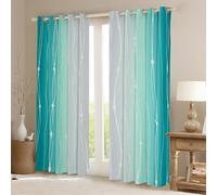 Homewish Teal and Grey Watercolor Curtains Wave Lines and Dots Blackout Curtains 46" Wx72 L, Gradient Ombre Curtains & Drapes Aesthetic Abstract Window Treatments, Modern Stripe Bedroom Curtains