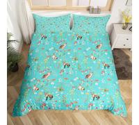 Homewish Teal Bedding Single Size, Animal Print Duvet Cover for Kids Boys Grisl Youth, Cute Owl Rabbit Fox Pattern Bedding Sets, Rustic Floral Reversible Bedspread Cover with 1 Pillow Case