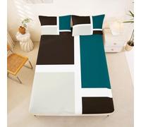 Homewish Teal Beige Brown Fitted Sheet Single Minimalist Abstract Geometric Bed Sheets Patchwork Square Bedding Set for Kids Teens Girls,Simple Style Stripes Bed Cover 2 Pcs