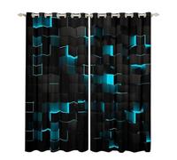 Homewish Teal Black Blackout Curtains 46x54,Neon Turquoise Geometric Check Window Curtains 2 Panel Sets for Bedroom Living Room Stereoscopic Abstract Grids Window Treatments Drapes Square Decor