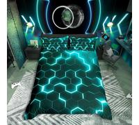 Homewish Teal Black Boys Bedding Single Neon Turquoise Geometric Honeycomb Duvet Cover Hexagon Bedding Sets Modern Fashion Geometrical Bed Set Reversible Black 1 Pillow Case