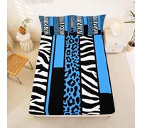 Homewish teal blue Leopard Print Bed Sheets Single Zebra Cheetah print Fitted Sheet Vertical striped patchwork Bedding Set for Kids Boys Girls,Safari animal skin Texture Bed Cover 2 Pcs