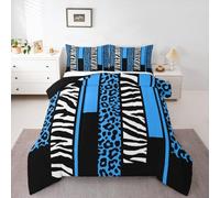 Homewish teal blue Leopard Print Single Bedding Set - Zebra Cheetah print Duvet Set Vertical striped patchwork Quilt Set - Safari animal skin Texture Coverless Duvet