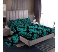 Homewish Teal Gothic Damask Sheet Set Vintage Floral Bed Sheets Set Double Size Bohemian Goth Sheets for Kids Boys Teen Girls Baroque Victorian Top Sheet