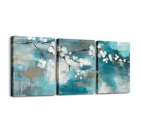 Homewish Teal Marble Canvas Wall Art 3 Piece for Living Room, Cherry Blossoms Paintings Wall Decor for Bedroom, Modern Abstract Style Poster Prints for Bathroom Kitchen, Nature Floral Wall Art