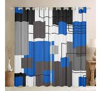 Homewish Teen Boys Blue Square Blackout Curtains 46x54 Black Grey Geometric Square Window Curtains Black Striped Window Curtains for Kids Bedroom Modern Abstract Curtains 2 Panels