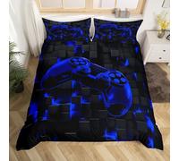 Homewish Teens Games Comforter Cover for Boys Gaming Bed Set, Navy Blue Futuristic Cubes Single Duvet Cover Neon Gamepad Print Bedding Set, Modern Abstract Buffalo Bedspread Cover (Reversible)