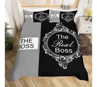 Homewish The Boss The Real Boss Gifts Bedding Set Black And White Duvet Cover Grey Vintage Dressing Mirror Comforter Cover Super King Couples Gifts For Husband And Wife Gifts For Women