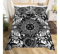 Homewish The Sun And Moon Duvet Cover Sugar Skull Moth Bedding Set Double,Bohemian Black And White Comforter Cover Set For Child Teens Gothic Bone Flower Botanical Bed Set Boho Exotic Bedroom Decor